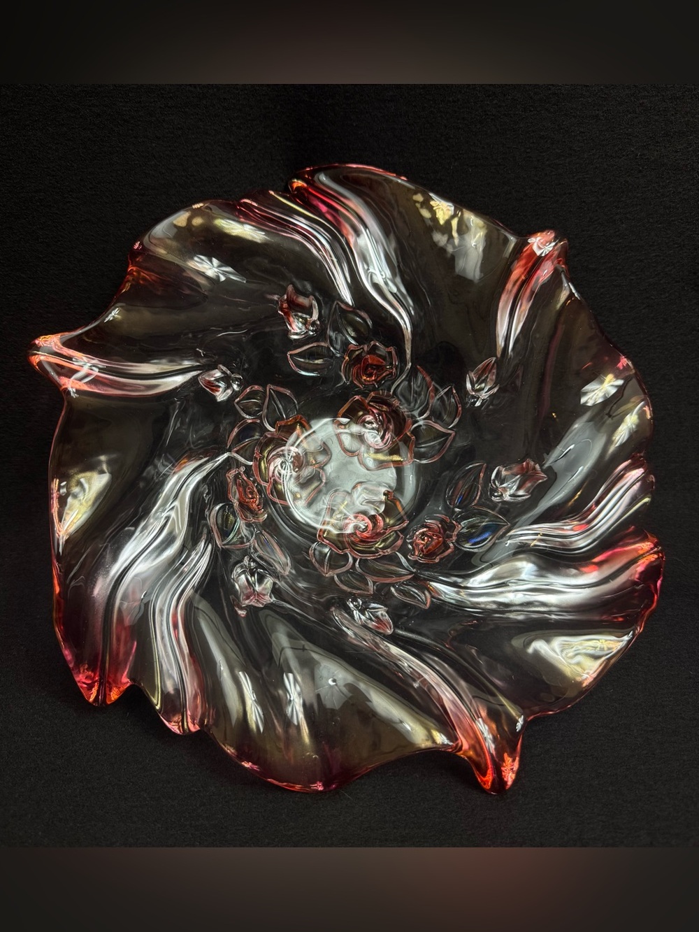 Art Glass Floral Dish - Clear with Red Accents